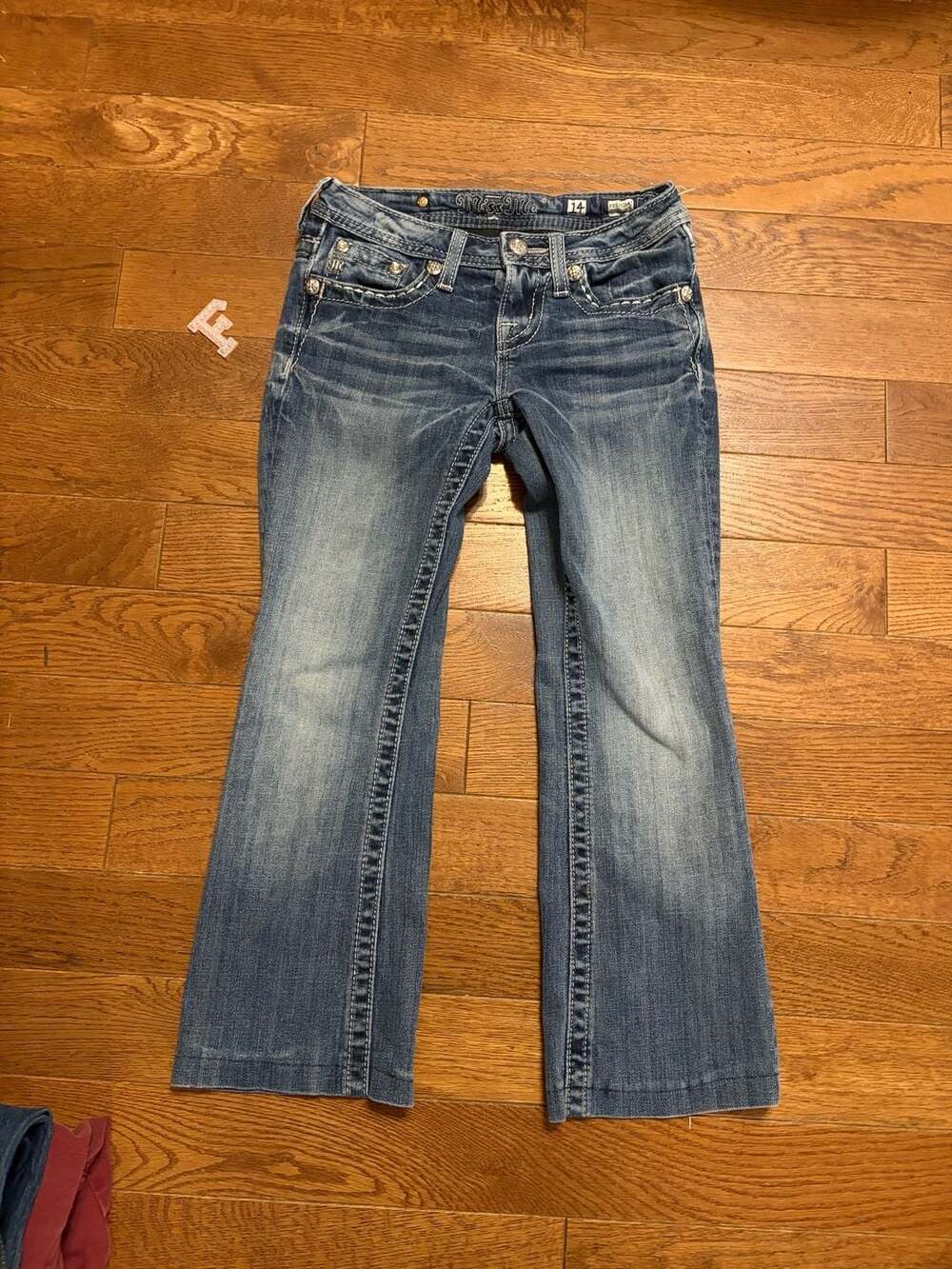 Miss Me Bootcut Jeans Size 14 Rhinestone Embellished Pockets Y2K hemmed into cro